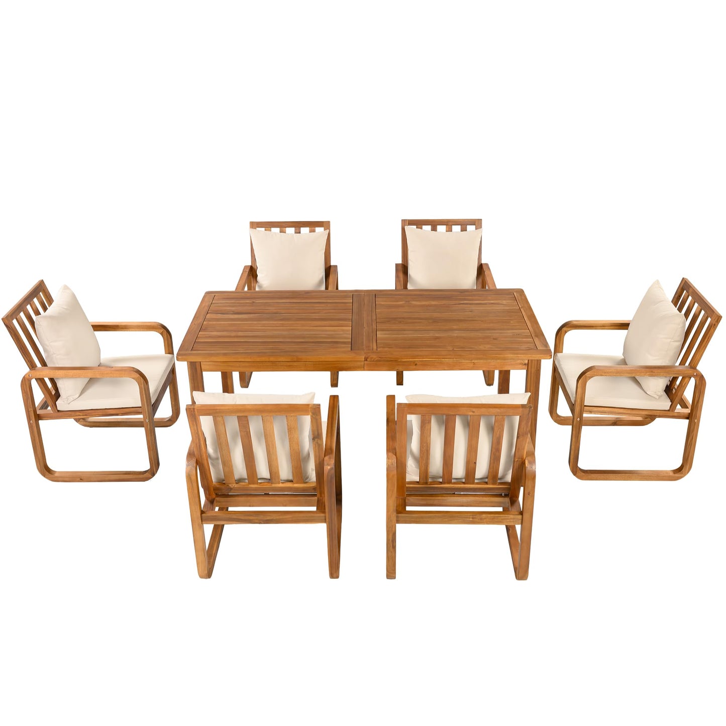 Merax 7 Pieces Patio Dining Set, Outdoor Acacia Wood Furniture for 6, with Table and Removable Cushioned Chairs for Backyard, Brown