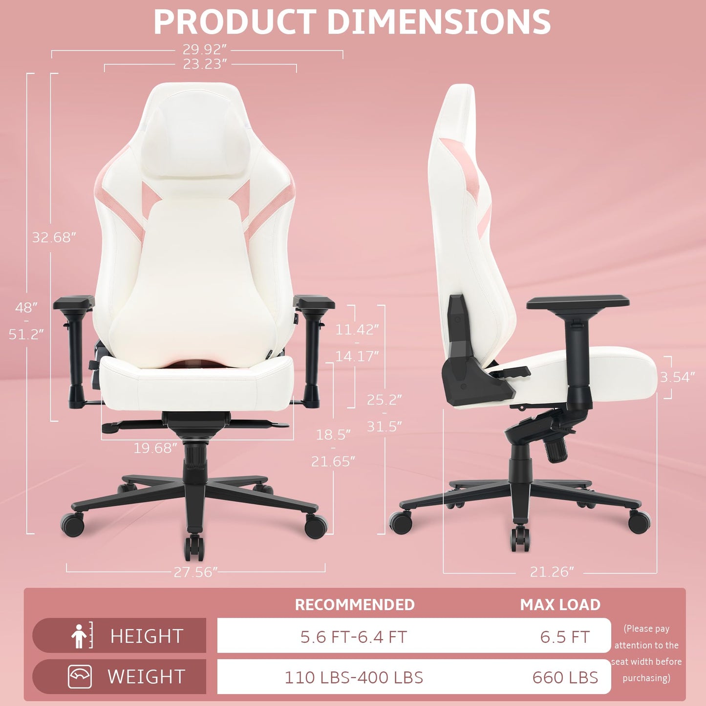 Wyrdforging Ergonomic Gaming Chair, Computer Desk Chairs, 4D Armrests, High Back Office Chair with Headrest & Lumbar Pillow, Tilt Rocker Recliner, Heavy-Duty Base, White PU Leather & Pink Suede Comb