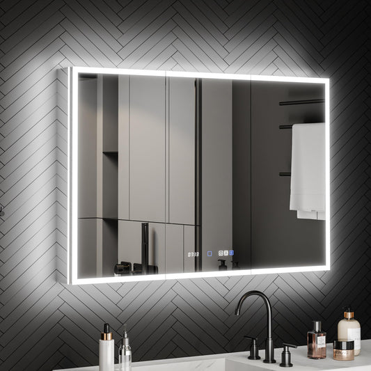 ExBrite 48 x 32 Lighted Medicine Cabinet with Mirror, Front&Backlit led Medicine Cabinet,Clock Temp Display,Defog,5X Magnifier,3 Colors Temper Dimmable,Surface or Recessed Mount,Door Wide Open