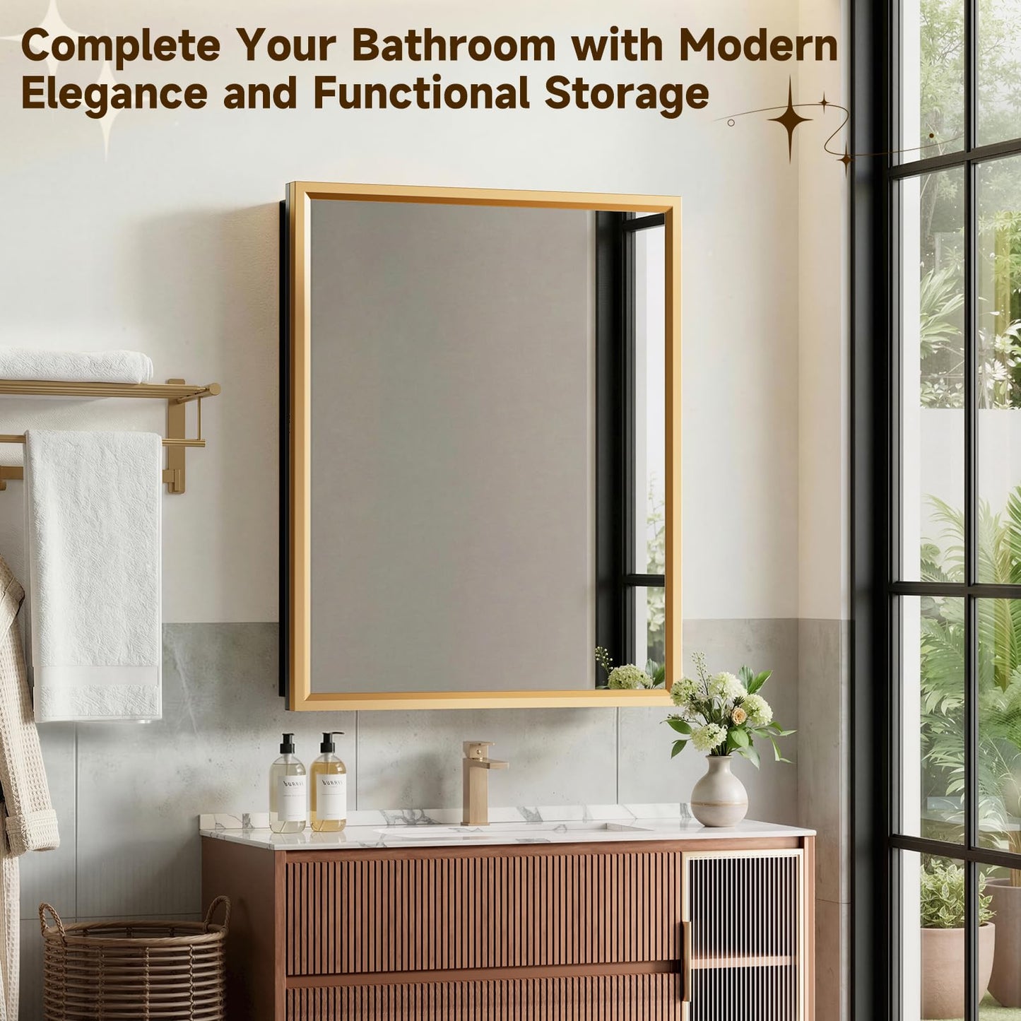 20"x28"Gold Medicine Cabinets for Bathroom with Mirror, Aluminum Alloy Framed Mirror, Recessed(18.85"x22.85")or Surface Wall-Mounted(20"x28") Metal Bathroom Vanity Mirror with Storage Cabinet