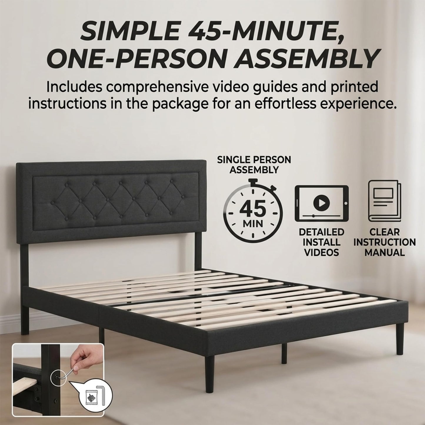 Dearforest Queen Upholstered Bed Frame with Headboard, Heavy Duty Platform Bed Frame, Easy Assembly, Noise-Free, No Box Spring Needed, Strong Metal Support, Under Bed Storage Space (Grey, Queen)