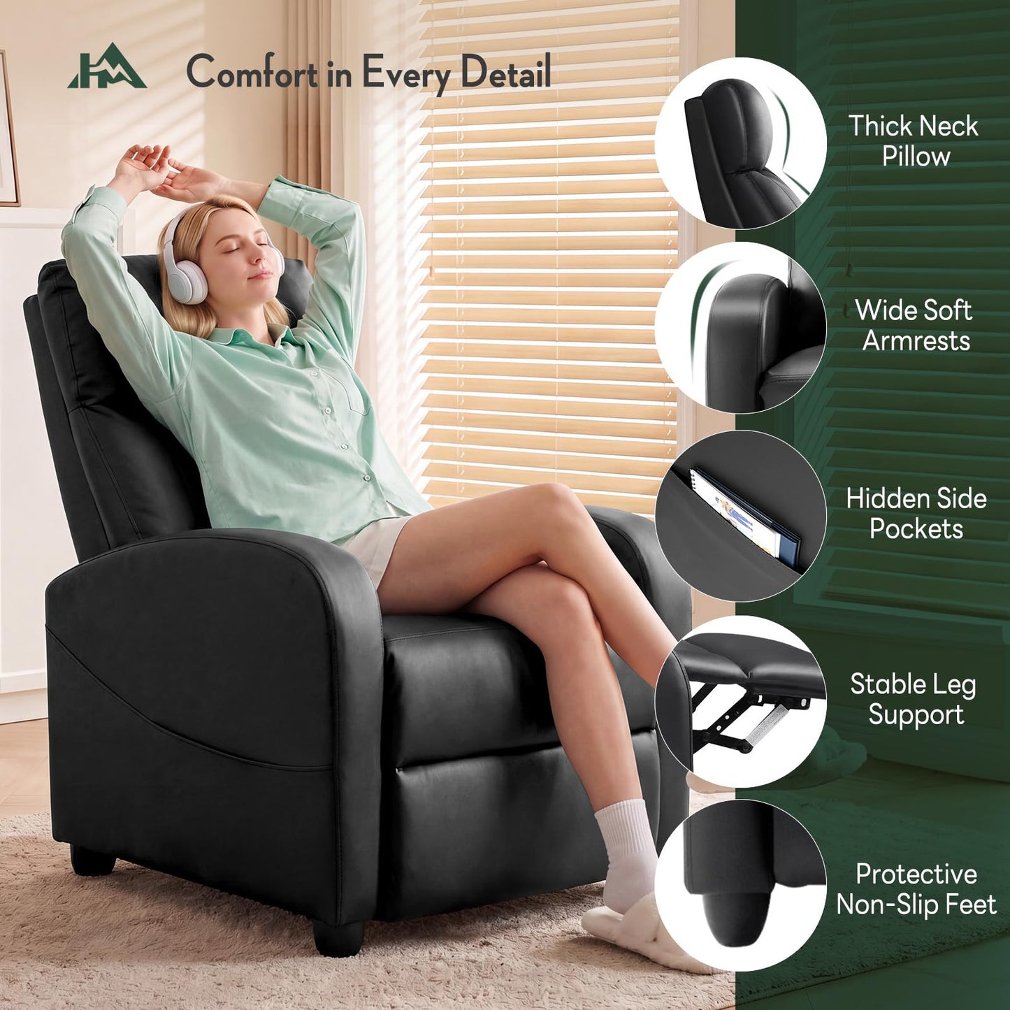 HAPPYMONT Recliner Chair, Recliner Sofa PU Leather for Adults, Recliners Home Theater Seating with Lumbar Support, Reclining Sofa Chair for Living Room, Black