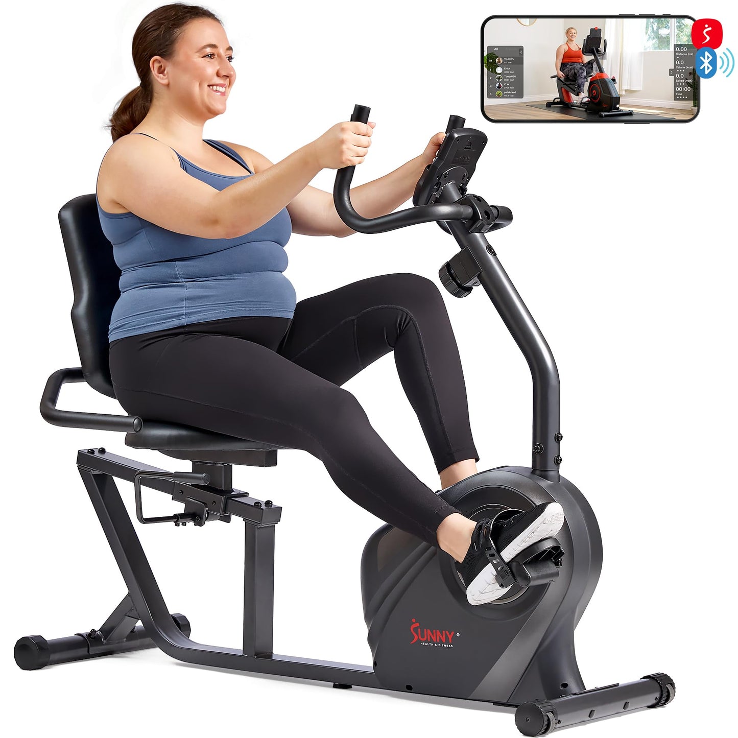Sunny Health & Fitness Heavy-Duty Recumbent Smart Bike, Wide Cushioned Seat & Back, Cycling Workout Machine, Bicycle Exercise for Adult/Seniors at home, Free SunnyFit App - SF-RB4616SMART