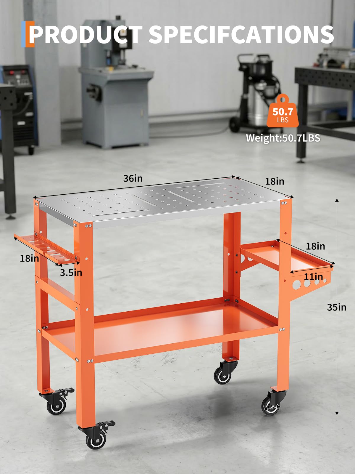 36" x 18" Welding Table, 1200 Lbs Capacity Welding Workbench Table Top with Lockable Wheels,Tool Rack & Tray, 4 Tool Slots and 5/8" Fixture Holes for for Welding Repair Works, Orange