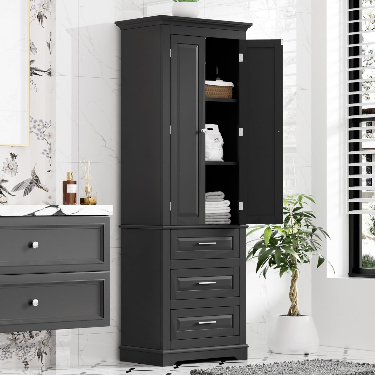 70" Tall Storage Cabinet Kitchen Pantry Cupboard with Two Doors and Three Drawers, Freestanding Shelf Organizers Unit for Home, Bathroom and Living Room, White