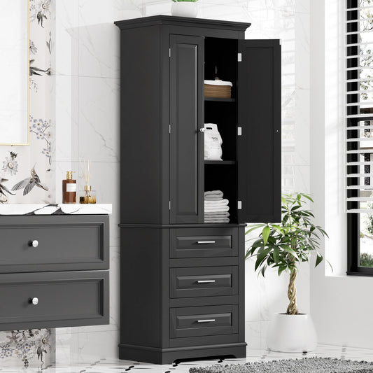 70" Tall Storage Cabinet Kitchen Pantry Cupboard with Two Doors and Three Drawers, Freestanding Shelf Organizers Unit for Home, Bathroom and Living Room, White