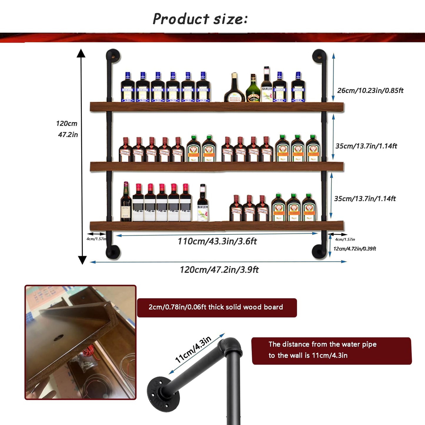Dawselod Solid Wood Wine Racks Wall Mounted with LED Lights, Metal Wine Bottles Display Shelf, Industrial Floating Lighted Bar Shelves Liquor Rack for Home & Dining Room (120cm/47.2in)