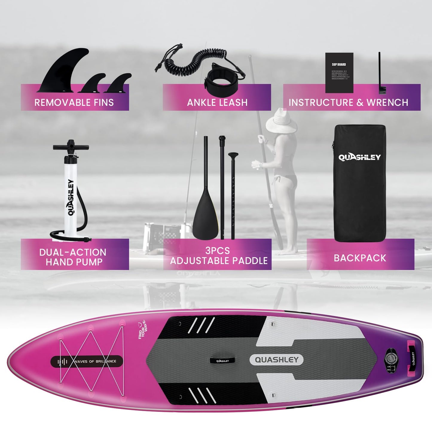 Quashley Inflatable Stand Up Paddle Board - All-Round SUP for Yoga,Fishing,Touring | Portable,Stable,Lightweight with Non-Slip Deck & Paddle for Beginners & Family Fun Fade Purple