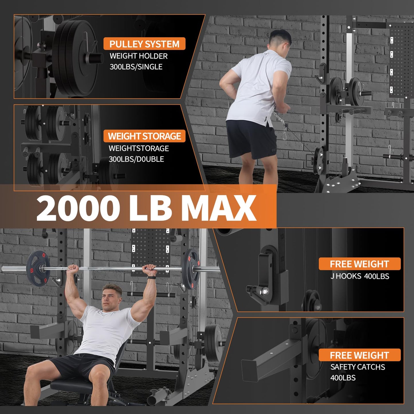 Garvee Power Cage, 2000LB Power Rack with Independent Dual Pulley System, Multi-Function Workout Cage Home Gym Workout Machine for Cable Crossover