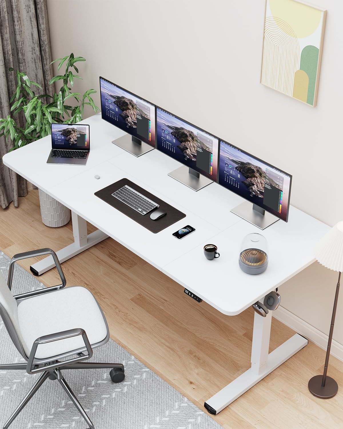 Xyndyx 63" Electric Standing Desk Adjustable Height, Sit Stand up Desk for Home Office & Computer Workstation, 2 Memory Height Settings, Splice Board, 2 Hooks, White Frame/White Top