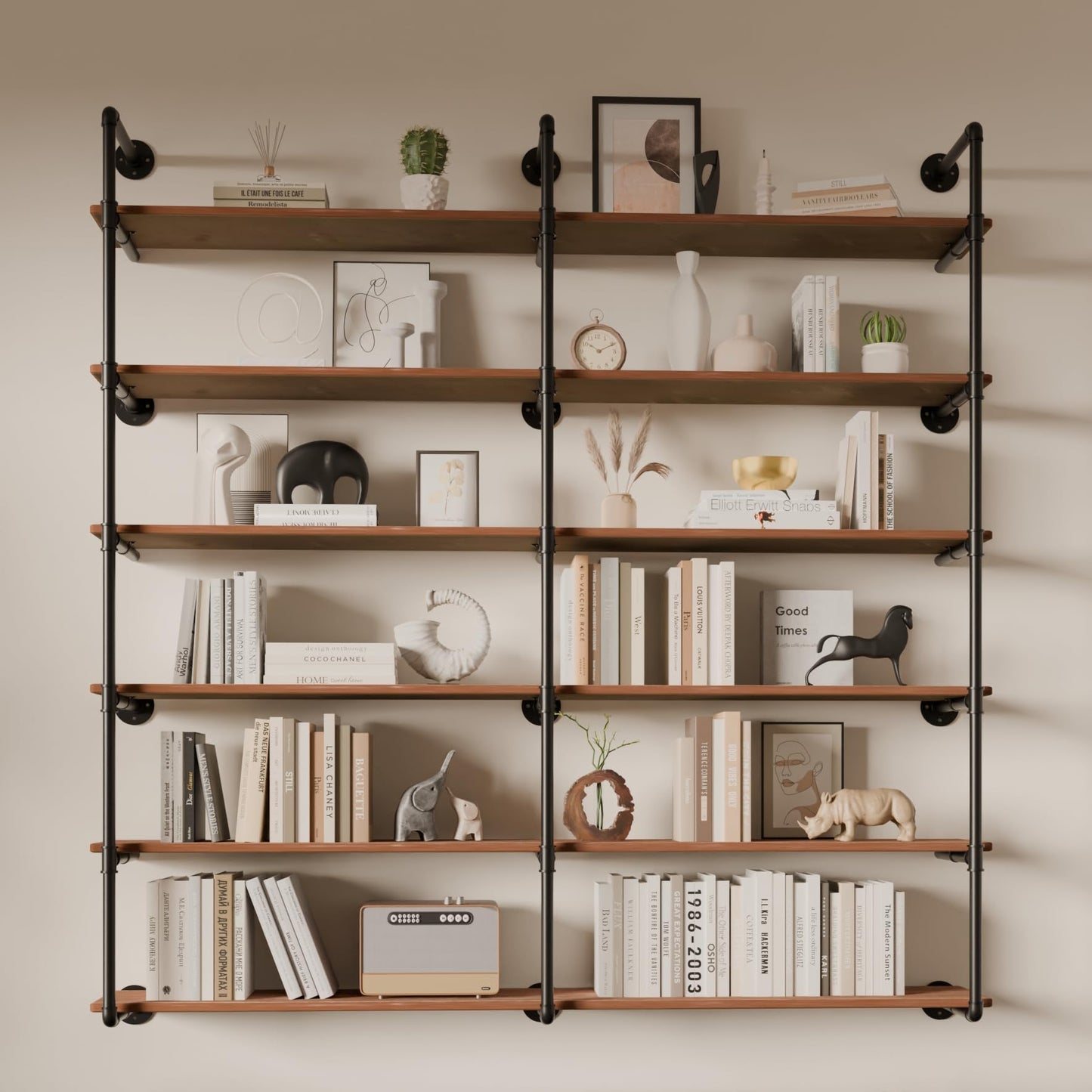 ONOTETUT 6 Tier Industrial Pipe Shelves with Wood Planks, 72 inch Iron Pipe Shelving, Retro Wall Mounted Bookshelf, Floating Bar Shelves for Kitchen,Living Room