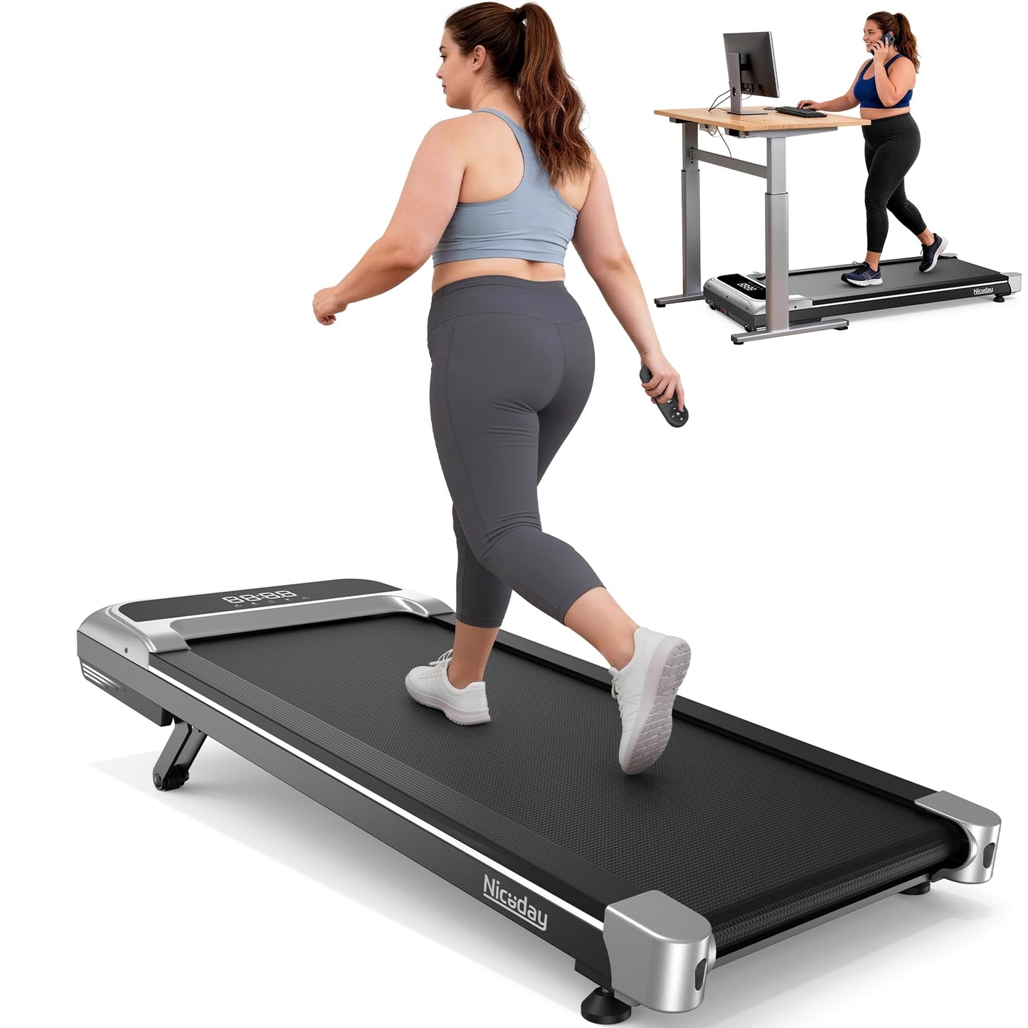 Niceday Walking Pad Under Desk with 10% 9-Level Auto Incline, 3HP Super Quiet Under Desk Treadmill for Home Office, Compact Treadmills for Home Hiking, 400 LBS Capacity, Magnetic Remote Silver