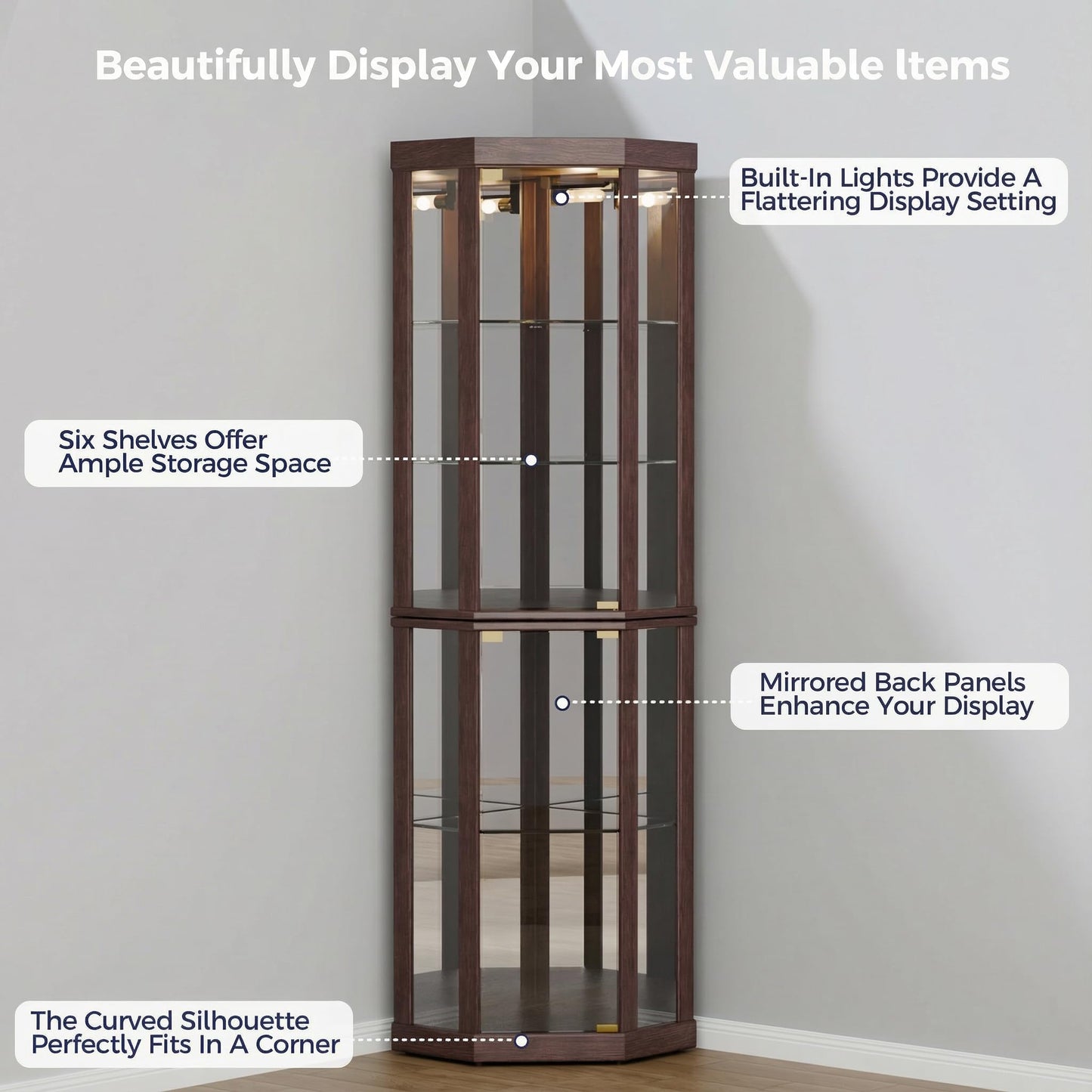 Topcomfy Corner Curio Cabinet, Lighted 3-Side Glass Display Curio Cabinet with Tempered Glass Doors & Adjustable Shelves, Wine Bar China Cabinet with Bulb for Living Room (Dark Cherry)