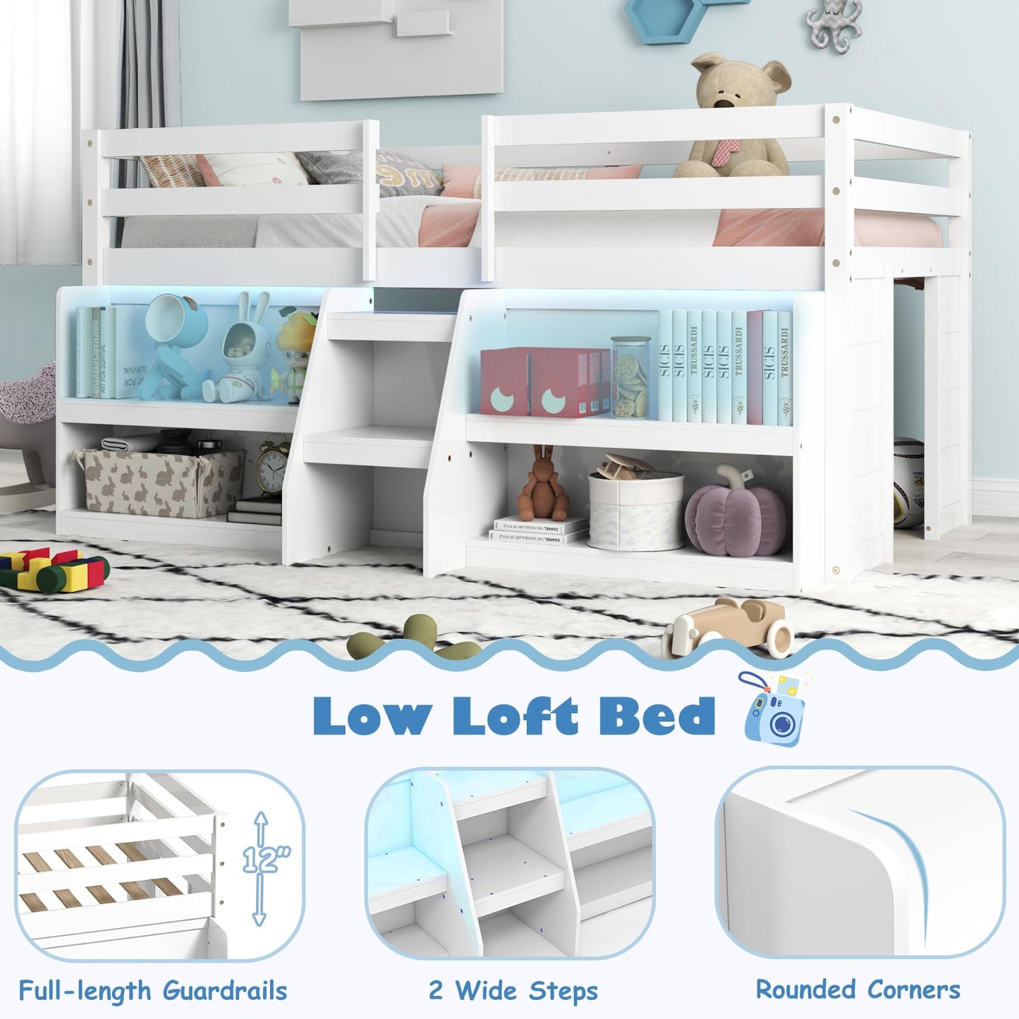 KOMFOTT Low Loft Bed with LED Light & 2 Bookcases, Wood Kids Twin Bed with Under-Bed Play Space, Stairs & Guardrails, No Box Spring Needed, Modern Low Loft Bed Frame, White
