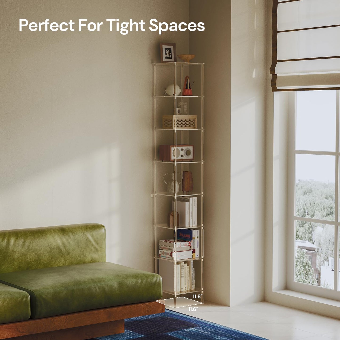 CRTERICX 8-Tier Square Acrylic Bookshelf, Clear Tall Narrow Bookcase for Small Space, Corner Open Display Book Shelves for Home Office, Living Room, Bedroom, Modern, 11.6''W x 73.7''H