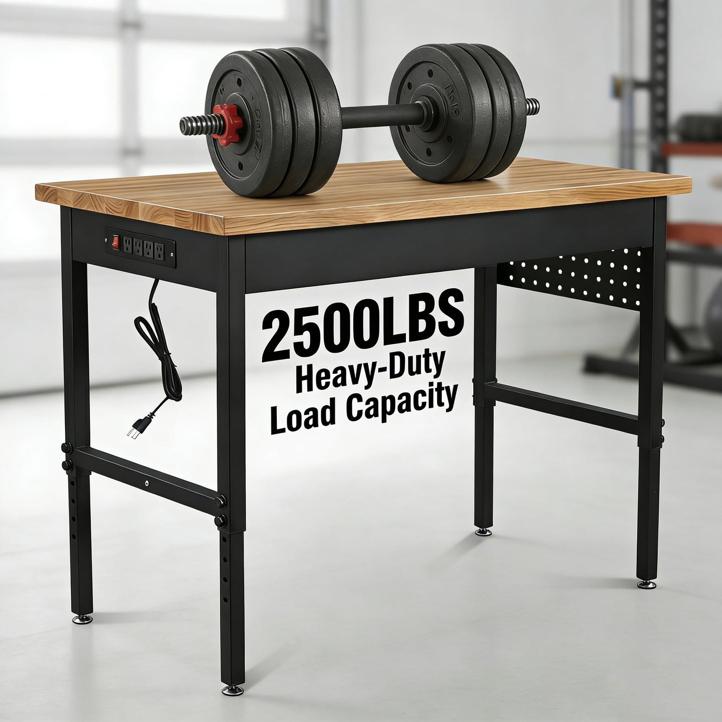 60 Inch Adjustable Workbench with Power Outlet Heavy Duty 2500 LBS Load Capacity Hardwood Work Table for Garage 6 Level Height Adjustable Workshop Bench with Wheels (60"x24")