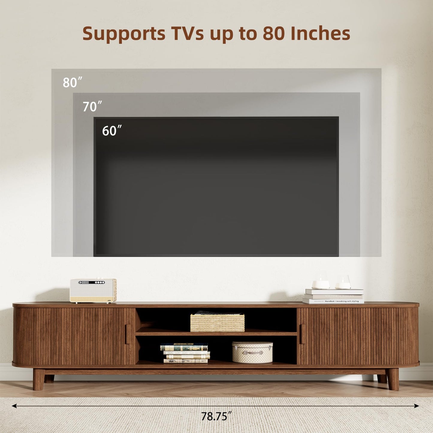 78.75" Curved TV Stand with Storage Cabinets & Open Shelves, Farmhouse Entertainment Center with Sliding Doors, Wood Media Console for Living Room Hallway, Walnut