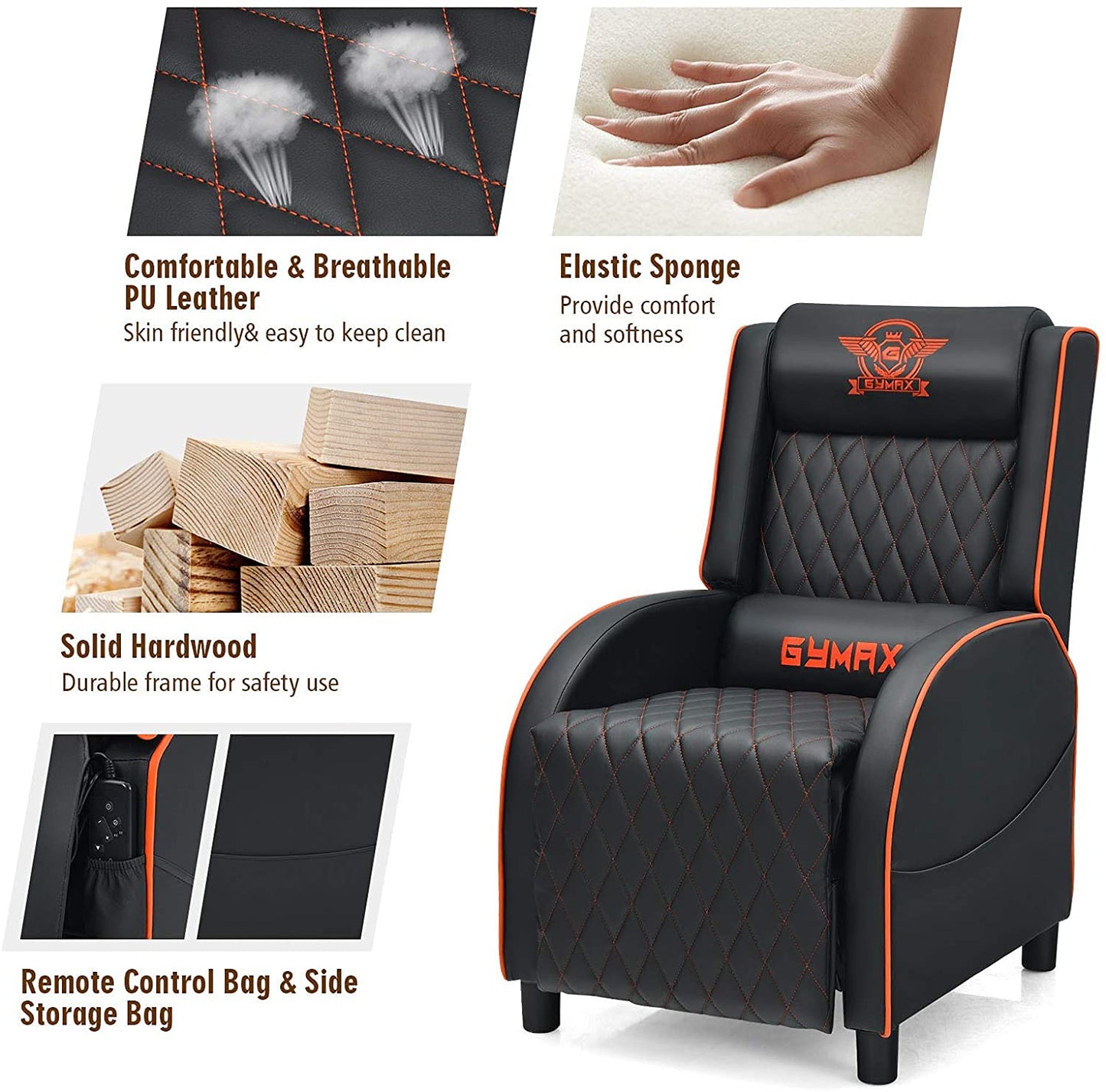 CHEFJOY Massage Gaming Recliner Chair, PU Ergonomic Single Sofa w/Headrest, Lumbar Support, Racing Style Reclining Home Theater Seating for Living Bedroom Gaming Room (Orange)