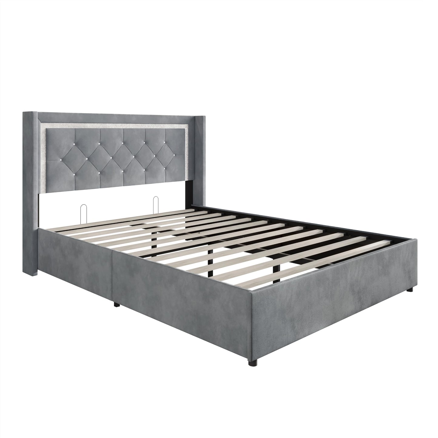 Castle Place Queen Wingback Velvet Upholstered Platform Lift-Up Storage Bed, Crystal Button Diamond Tufted and Diamond Strip Design, Light Grey