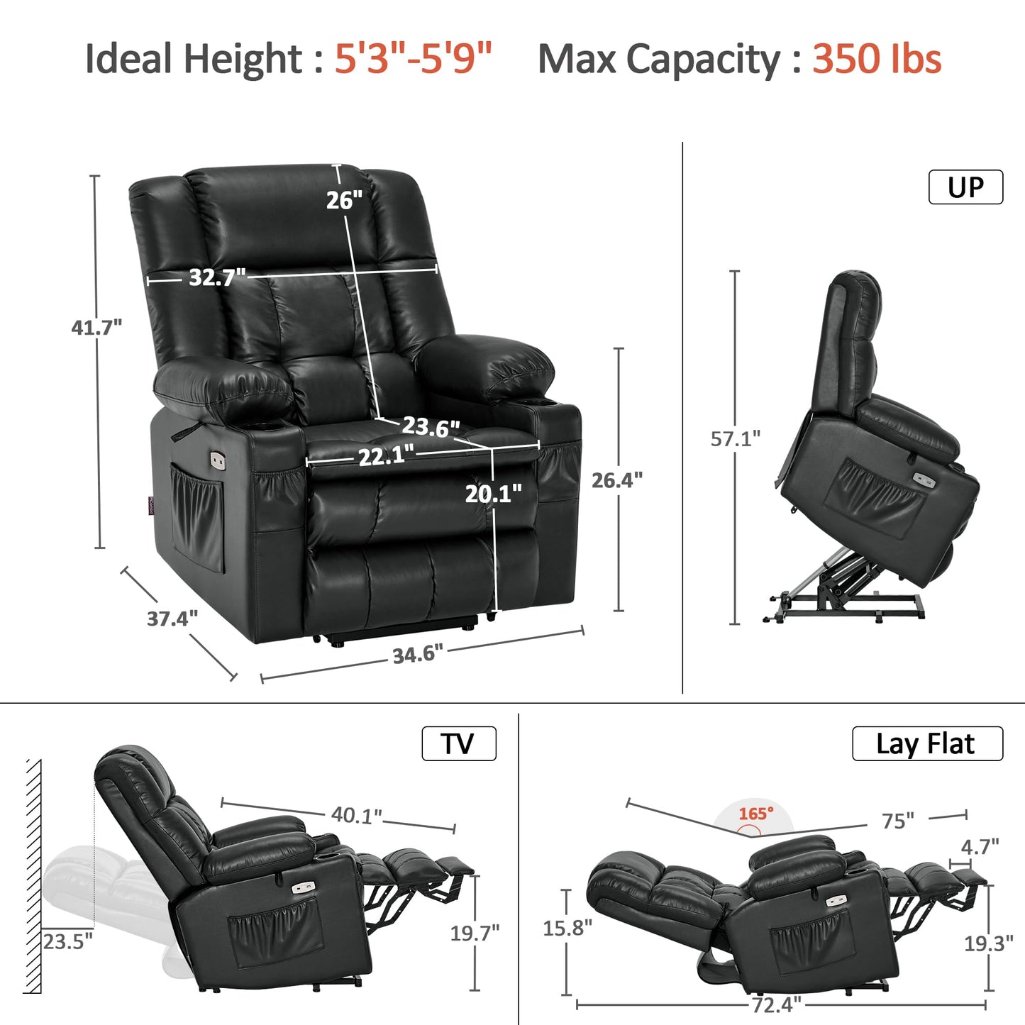 MCombo Dual Motor Power Lift Recliner Chair for Elderly, Lay Flat Lift Chair with Heat and Massage, Cup Holders, USB Ports, Faux Leather 7890 (Black, Medium)