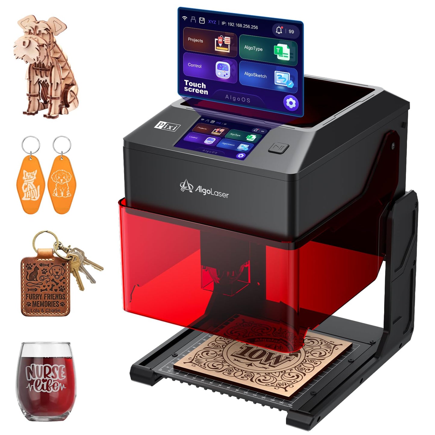 AlgoLaser Pixi Smart Laser Engraver - 10W Portable Laser Engraver Machine with 3.5" Touchscreen & AlgoOS System & APP - Laser Engraving for Wood, Acrylic, Glass, Beginner & DIY Gift & Small Business