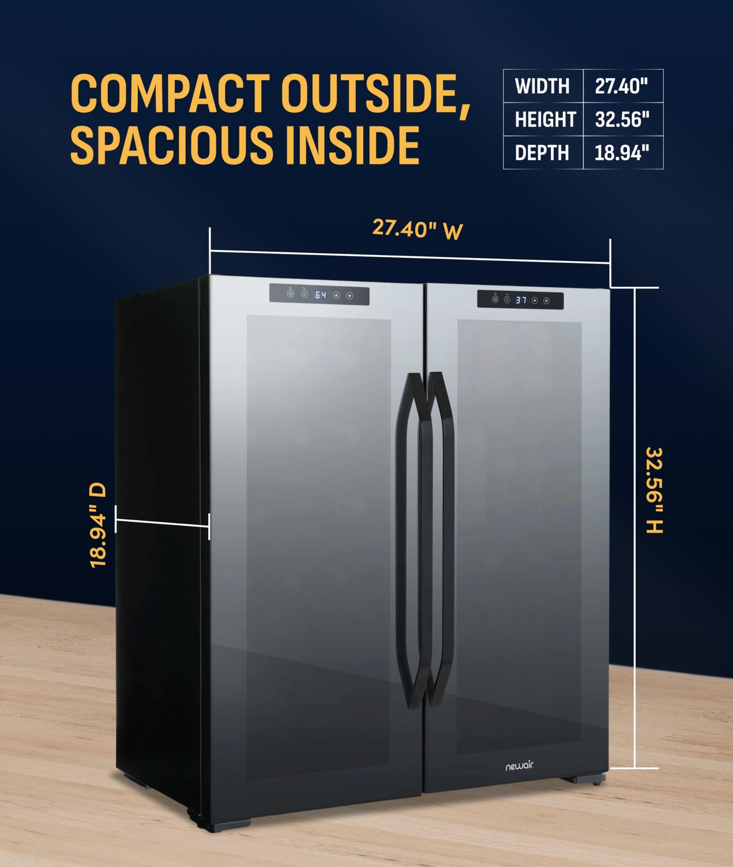 NewAir 27" Dual Zone Beverage Refrigerator & Wine Cooler for 18 Bottles & 59 Cans | Freestanding or Built-In Under Counter Mini Fridge for Beer, Wine and Soda | Black