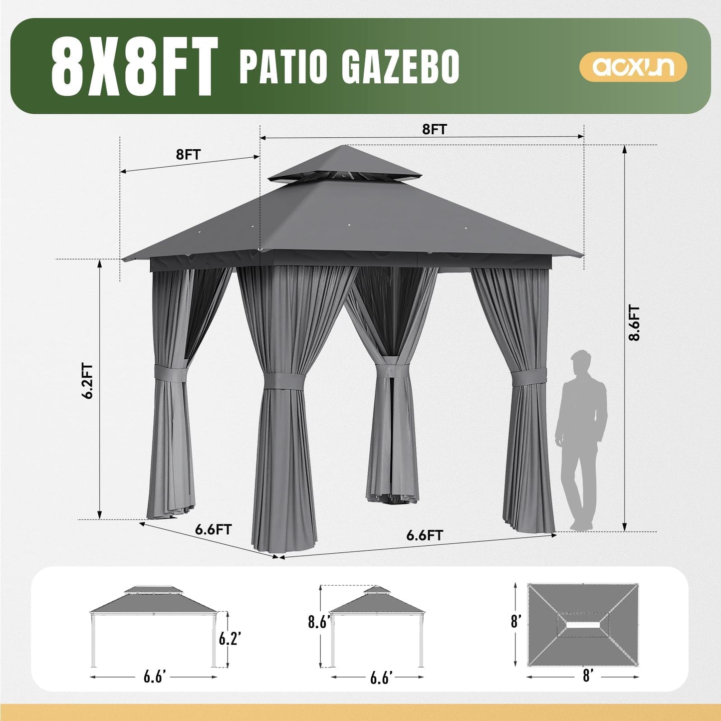 Aoxun 8x8 Outdoor Gazebo for Patio, Metal Frame Canopy Gazebo Double Roof Heavy Duty Small Gazebo, Backyard Gazebo with Mosquito Netting & Privacy Screen for Garden Lawn Deck (Grey)