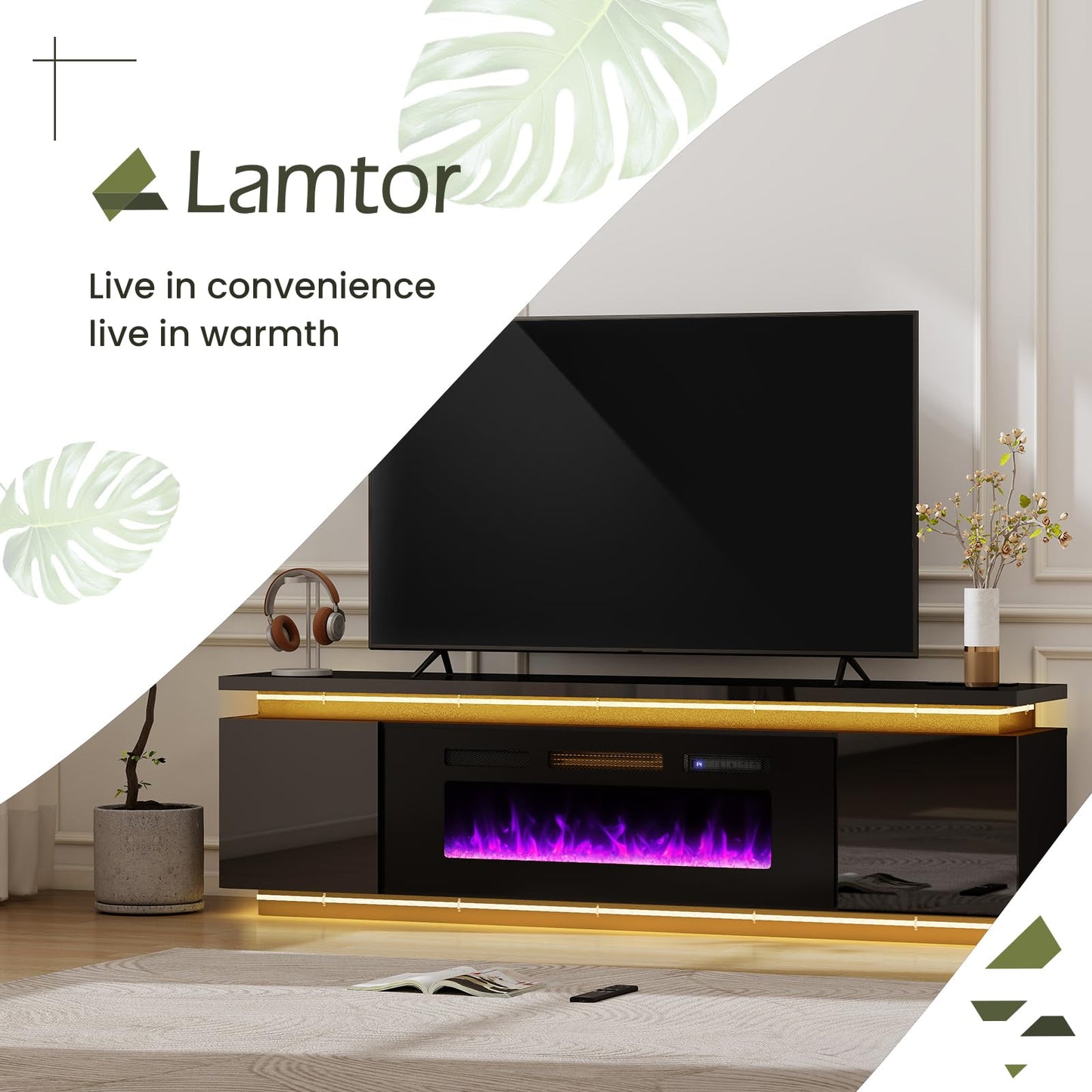 Lamtor Fireplace TV-Stand with 40" Fireplace - 2 LED Light TV-Stand for 85 inch TVs - Entertainment Center with 4 AC Power Outlets - 2 Tier TV Consoles Stand for Living Room, Black