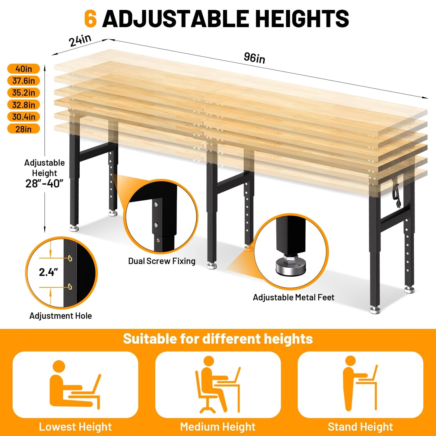 96" Adjustable Workbench, 5000 Lb Capacity Heavy-Duty Work Bench Table with Power Outlet & Pegboard, Rubber Wood Top Garage Work Table for Workshop, Garage, Office