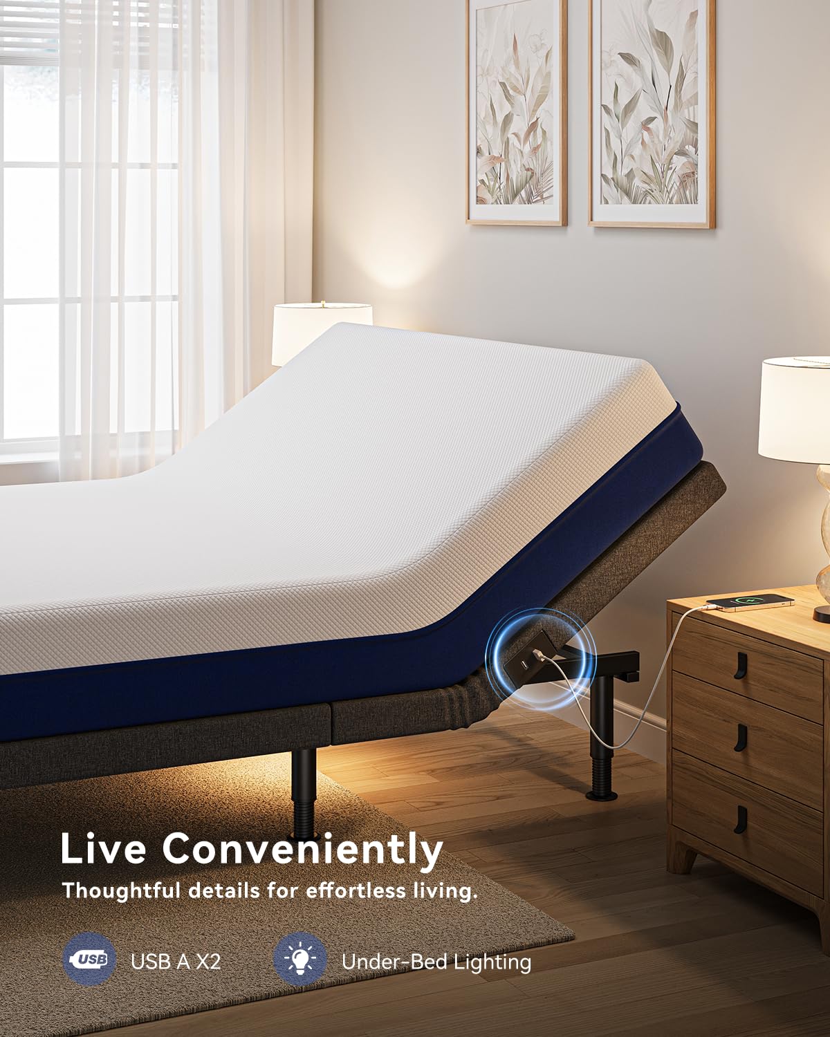 kaipuyiree Queen Size Adjustable Bed Frame with Massage & Zero Gravity - Electric Bed Frame with Remote, USB Charging, LED Night Light, 7.5-12.5" Adjustable Height, 900LBS Capacity, Quiet Motor