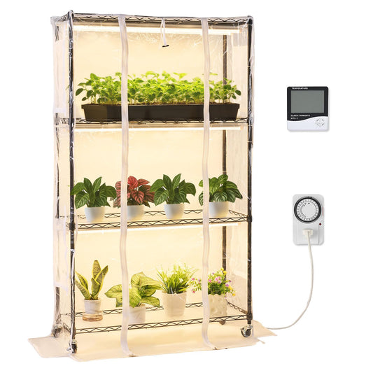 VEVOR Indoor Greenhouse with Grow Light, 59 in Tall 4-Tier Plant Stand with Clear Cover, Timer & Hygrometer, 180W Full Spectrum Grow Lights, Metal Lighted Plants Shelf Holder for Indoor Plants