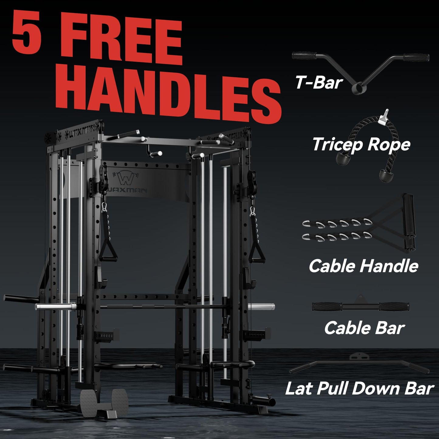 Waxman Smith Machine, 2200lbs Squat Rack with Pull Down System & Cable Crossover Machine, Training Equipment with Leg Hold, Down Attachment for Garage and Home Gym Packagewith 340lBS Black Plates