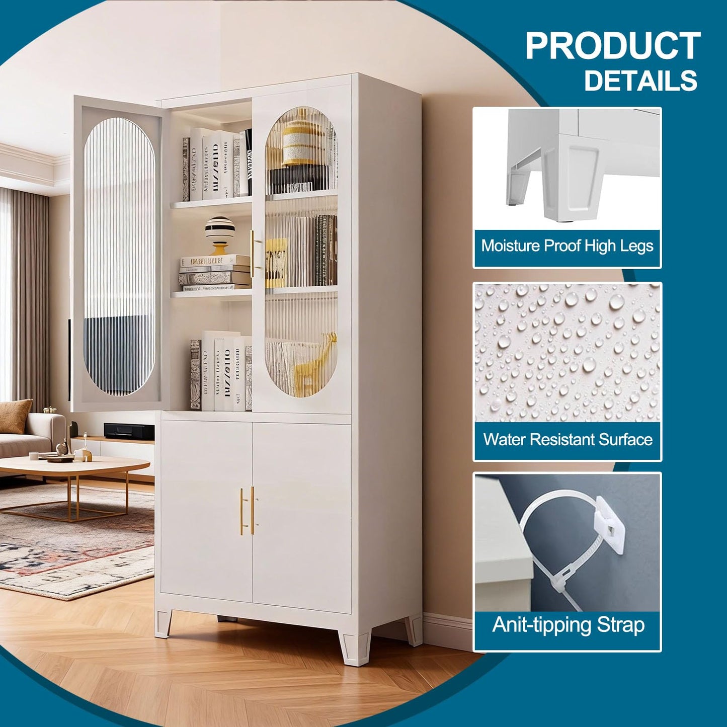 GarveeHome 70 Inch Tall White Pantry Cabinet for Small Spaces – Freestanding Kitchen Storage Cupboard with Frosted Glass Doors & Customizable Interior, Fits Bathroom, Dining or Home Office