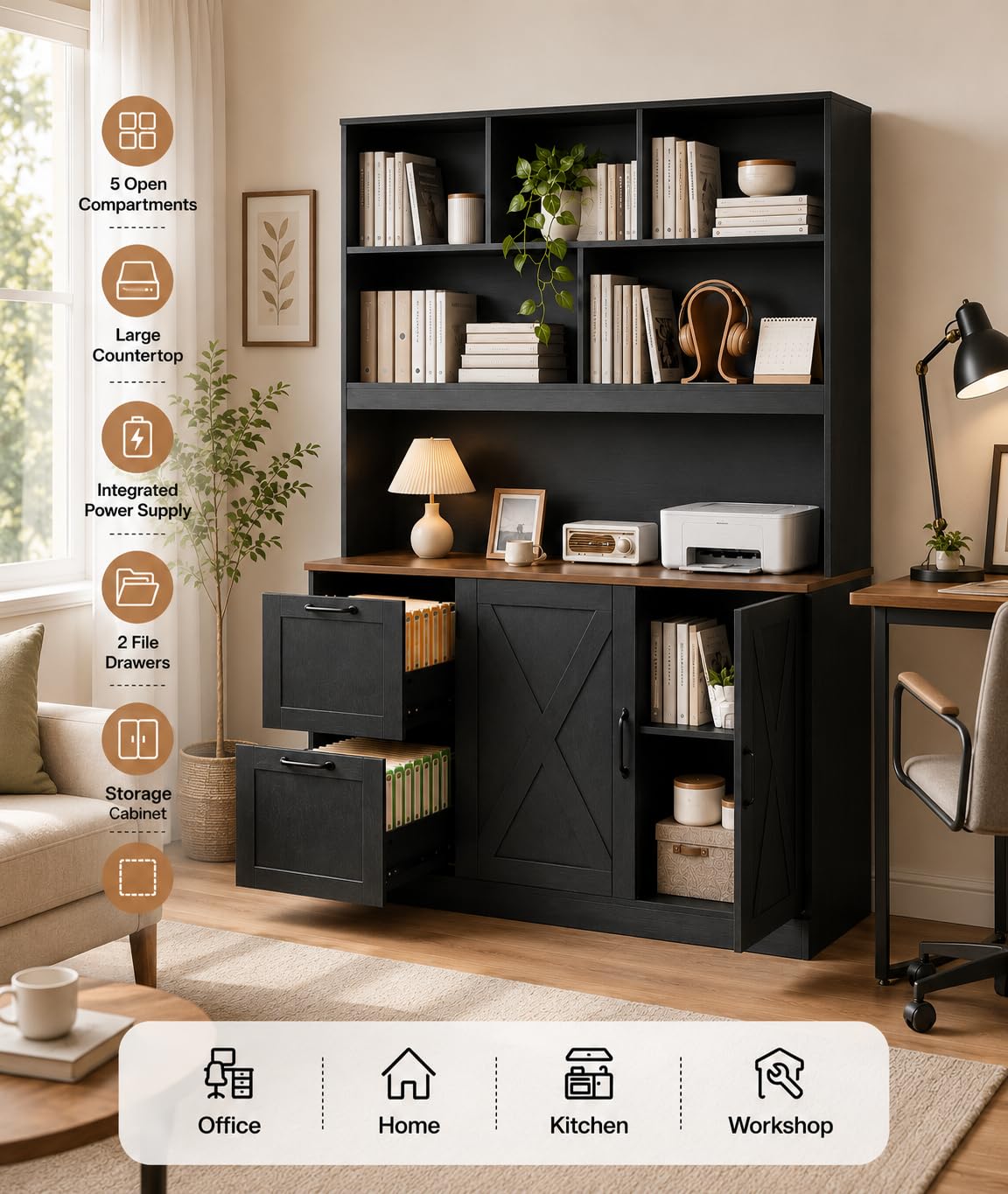 NORTHSKY 72" Tall Bookshelf with Drawers & Doors, Bookcase with Power Outlet and File Cabinet, Office Bookshelf with 2 File Drawers, Open Shelves & Storage Cabinets for Home Office, Black