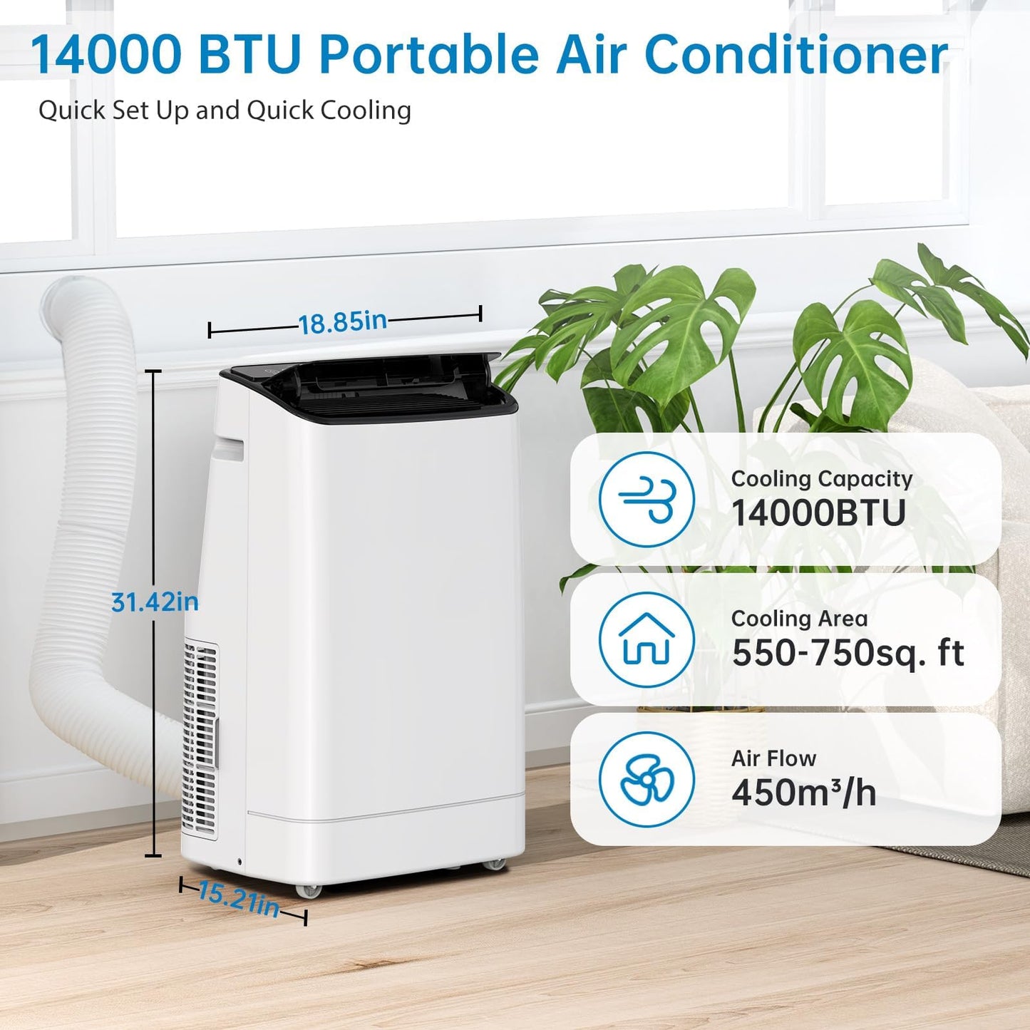 14,000 BTU Portable Air Conditioners, Cools Large Room Up to 750 Sq.Ft, 3-in-1 AC Unit with Dehumidifier & Fan, Remote Control, Quiet Sleep Mode, Window Kit Included, White