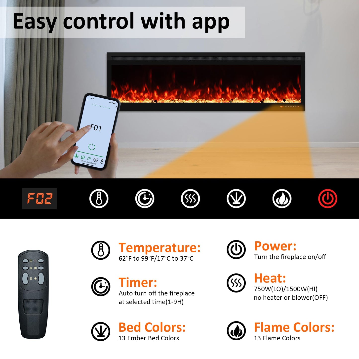 Oxhark Flame Narrow Frame WiFi Electric Fireplace 78 Inch, Wall Mount or in-Wall Recessed Fireplace Heater, App/Remote Control,Adjustable Flame Effects, 9H Timer & Low Noise, 750W/1500W, Black