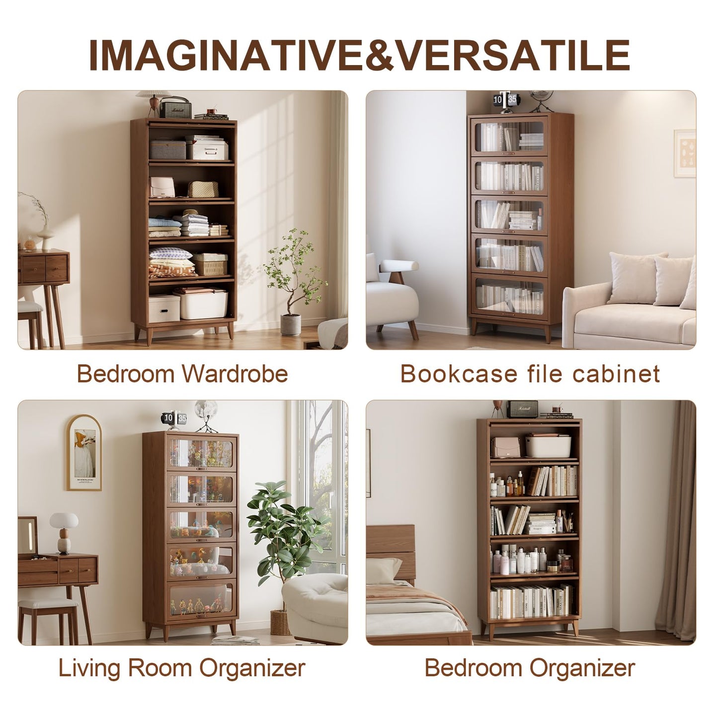 KungFuWood Solid Wood Bookcase with Tempered Glass Doors – Spacious 5-Tier Storage Shelf with Glass-Front Design, Flip-Top Hidden Doors for Apartments & Home Offices (72 Inches Tall)