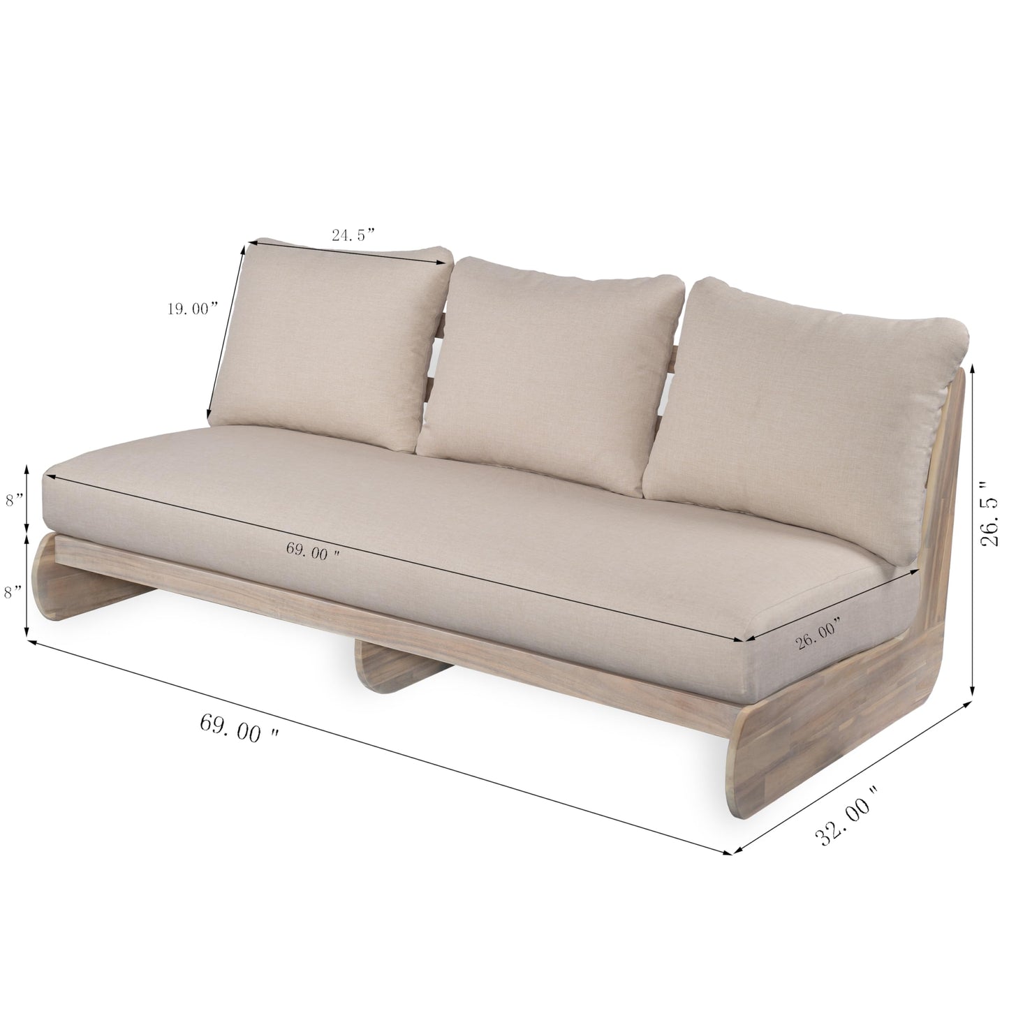 Merax Outdoor Acacia Wood Sofa with All-Weather Cushions, Patio Low 3-Seater Lounge Sofa for Porch, Lawn, Backyard, Balcony, Antique Gray White +Off White