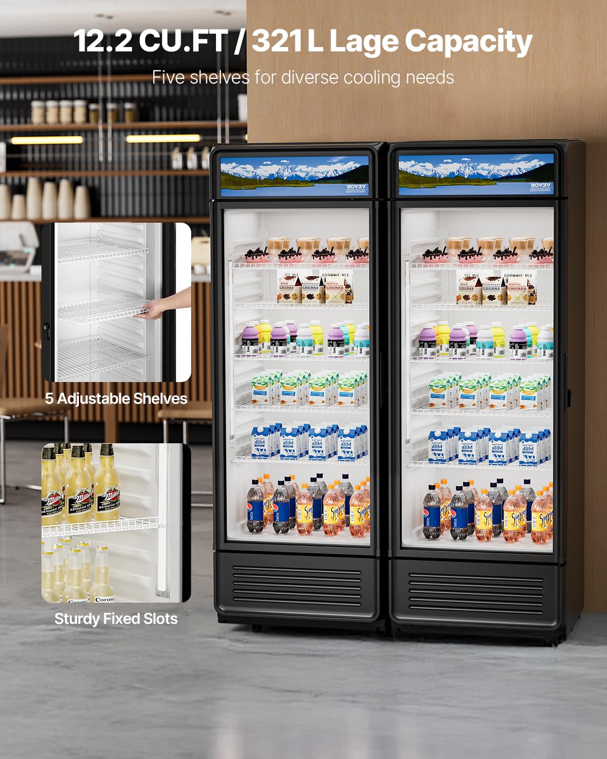 VEVOR Commercial Merchandiser Refrigerator, 12.2 CU.FT Glass Door Display Refrigerator, Beverage Cooler Merchandiser with Adjustable Shelves, Soft LED Light, Customizable Lightbox, Black