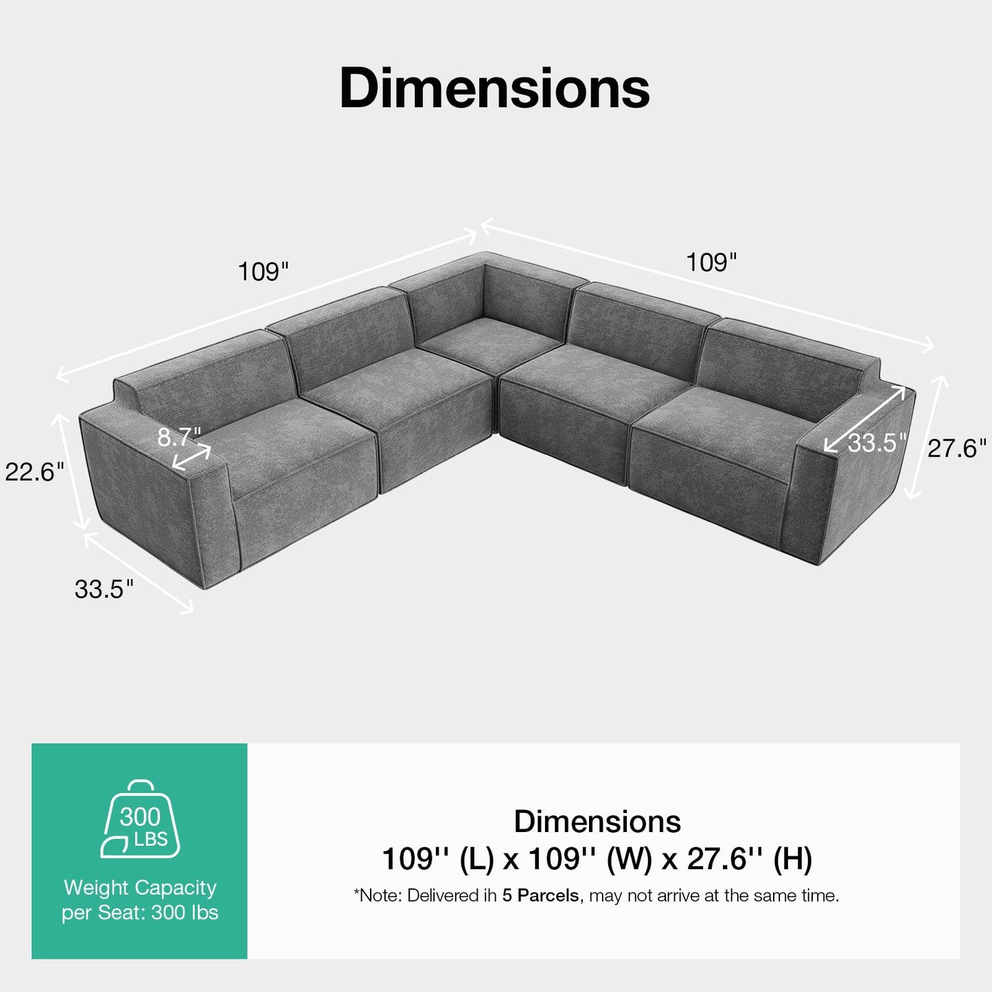Novilla 109" Modular Sectional Sofa, No Assembly Cloud Sectional Couch with Smarts Coil® Support, Chenille Fabric L Shape Sectional Sofa, Boneless Couch for Living Room Apartment, Dark Gray (5 Seat)