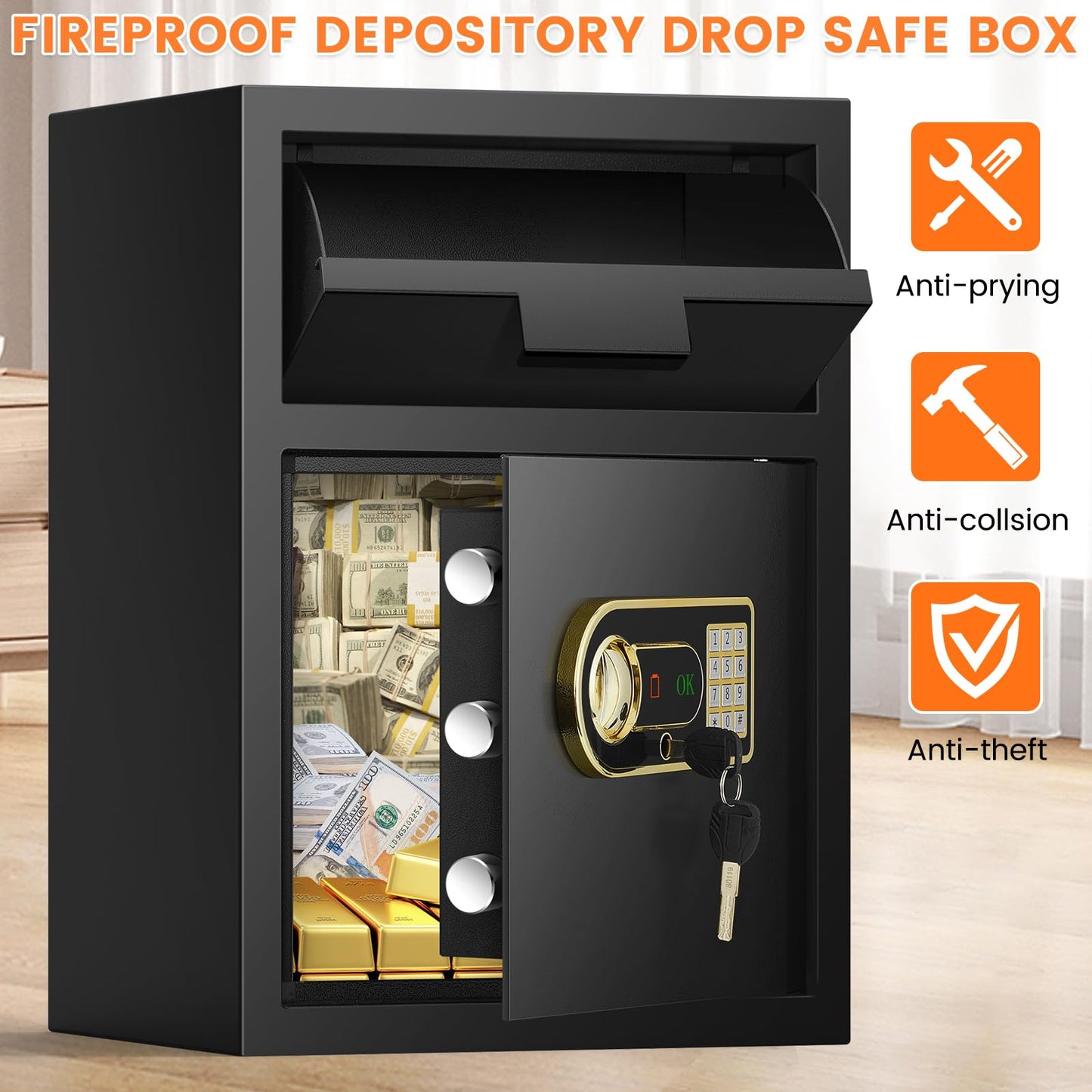 2.8 Cubic Drop Safe for Business, Anti-Theft Drop Slot Safes for Money with Digital Combination Lock & Spare Keys, Cash Depository Safe with Drop Box for Home Retail Store Business
