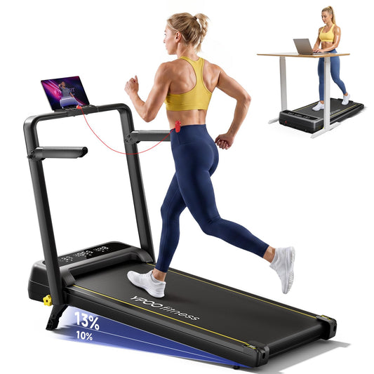 YPOO Foldable Treadmill with Incline, Walking Pad with Handle Bar 3 Level Incline, Portable Folding Treadmills for Home/Office 300 Lbs Capacity, Quiet Desk Treadmill with Remote Control & APP