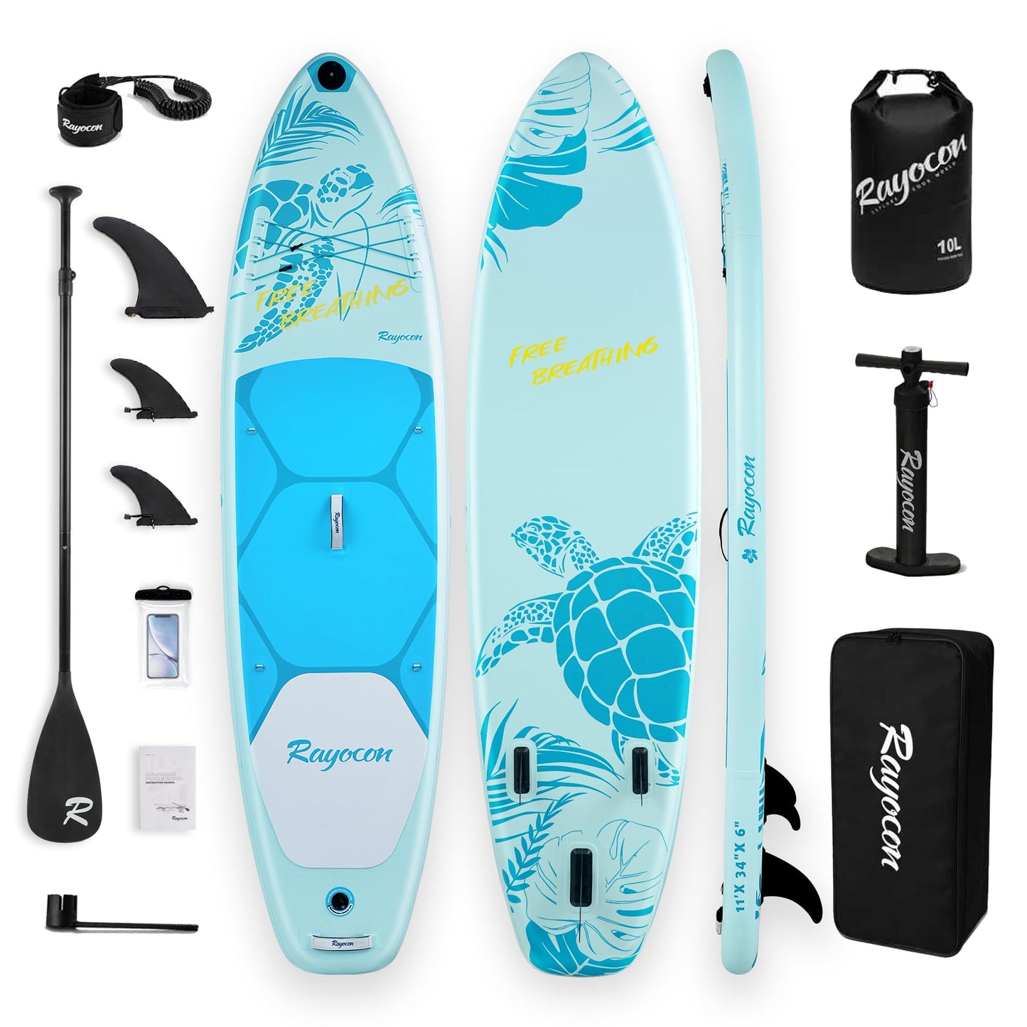Inflatable Stand Up Paddle Board 11'×34" Extra Wide SUP, Ultra-Stable for Adults & Dog, 450lbs, Dual Chamber Pump, Fiberglass Paddle, Military Grade Dual Layer, Sea Turtle Guardian Design