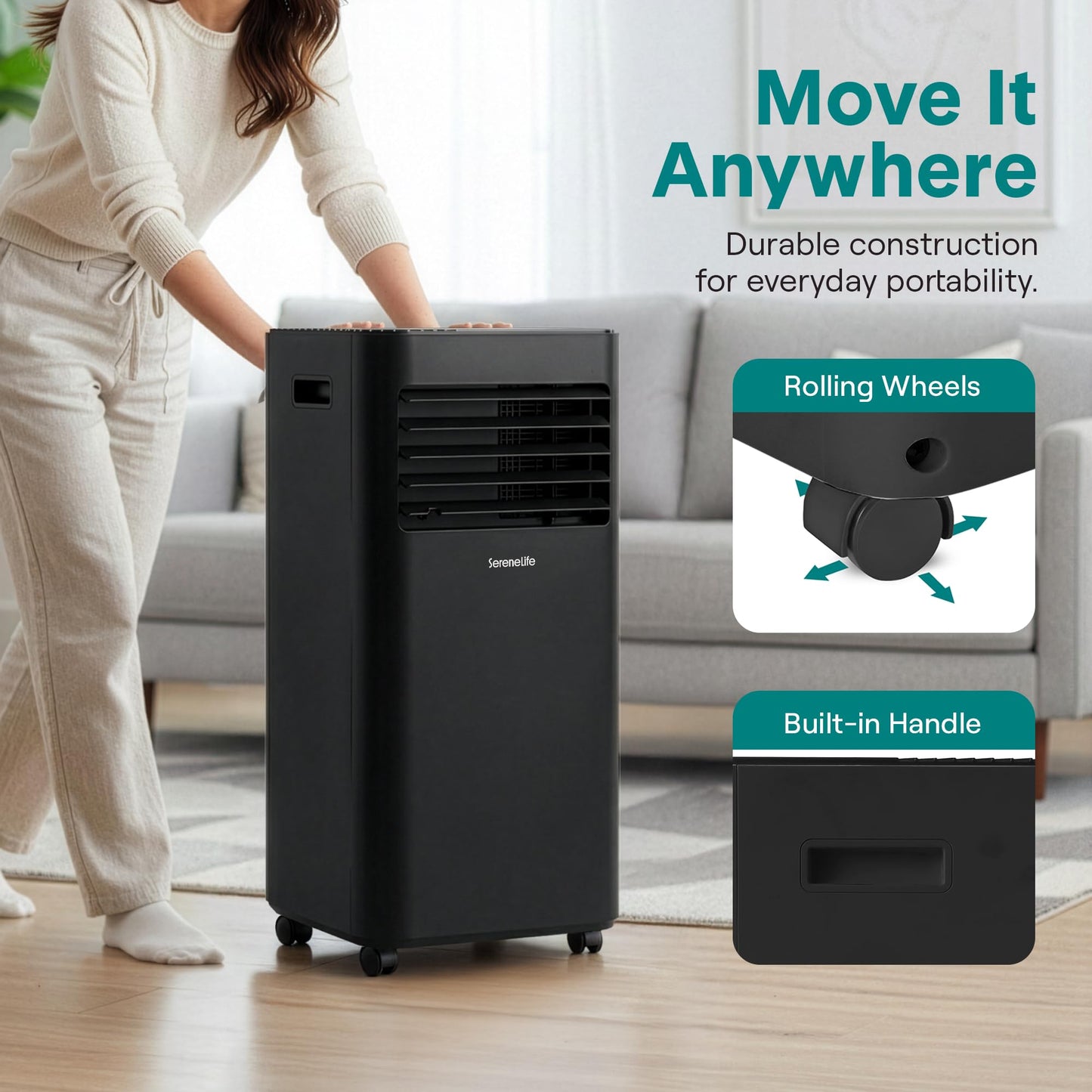 SereneLife 10,000 BTU Portable Air Conditioner, 115V Compact Room Air Conditioner with Dehumidifier & Fan 320Sq Ft Coverage, Window Mount Kit Included, Mini AC Unit for Bedroom, Office, or Home, Black