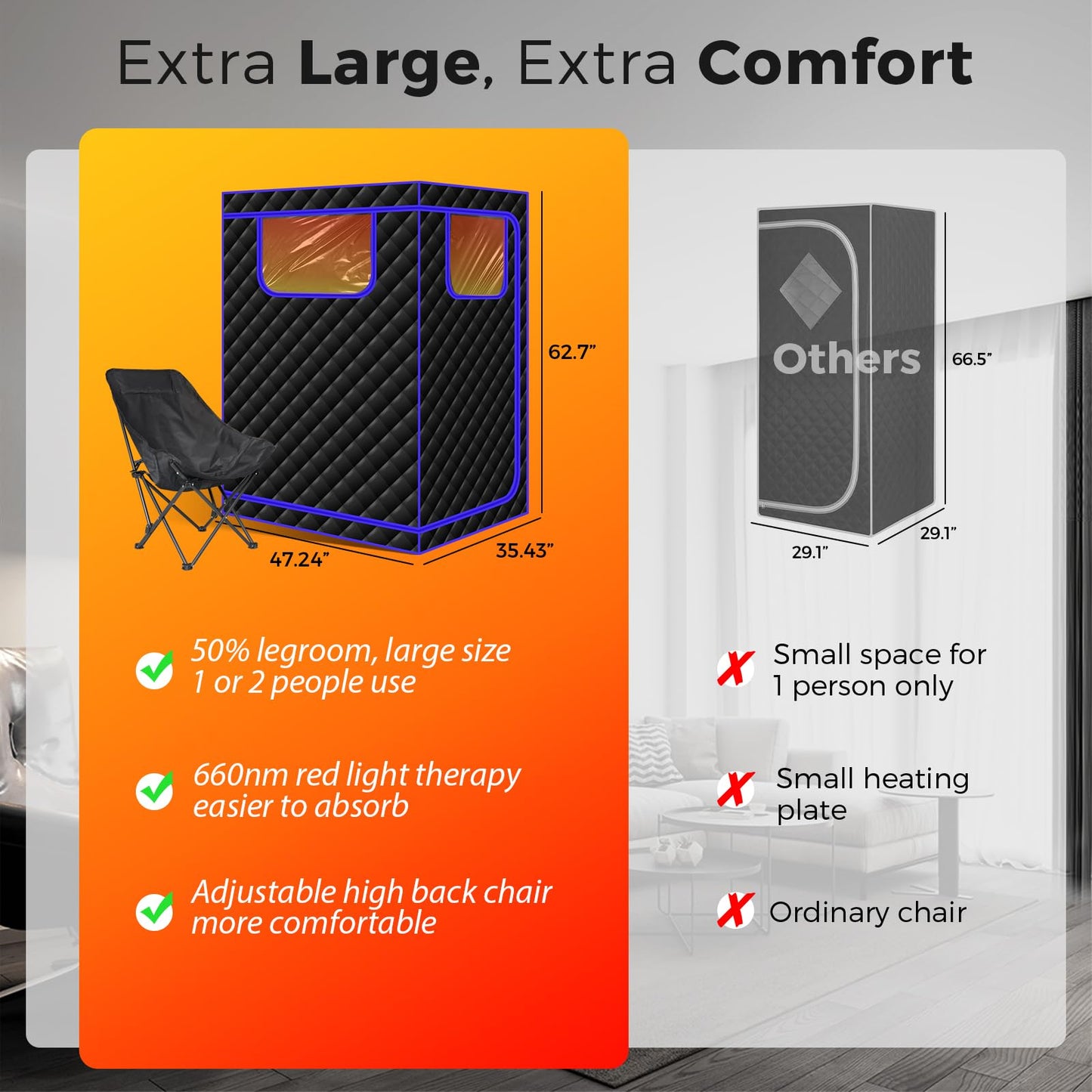 Smartmak Portable Infrared Sauna,1 or 2 Person Oversize Infrared Sauna Box with 660nm Red Light Therapy, Full Body Sauna Tent for Home, Folding Chair (Blue-2 Person)