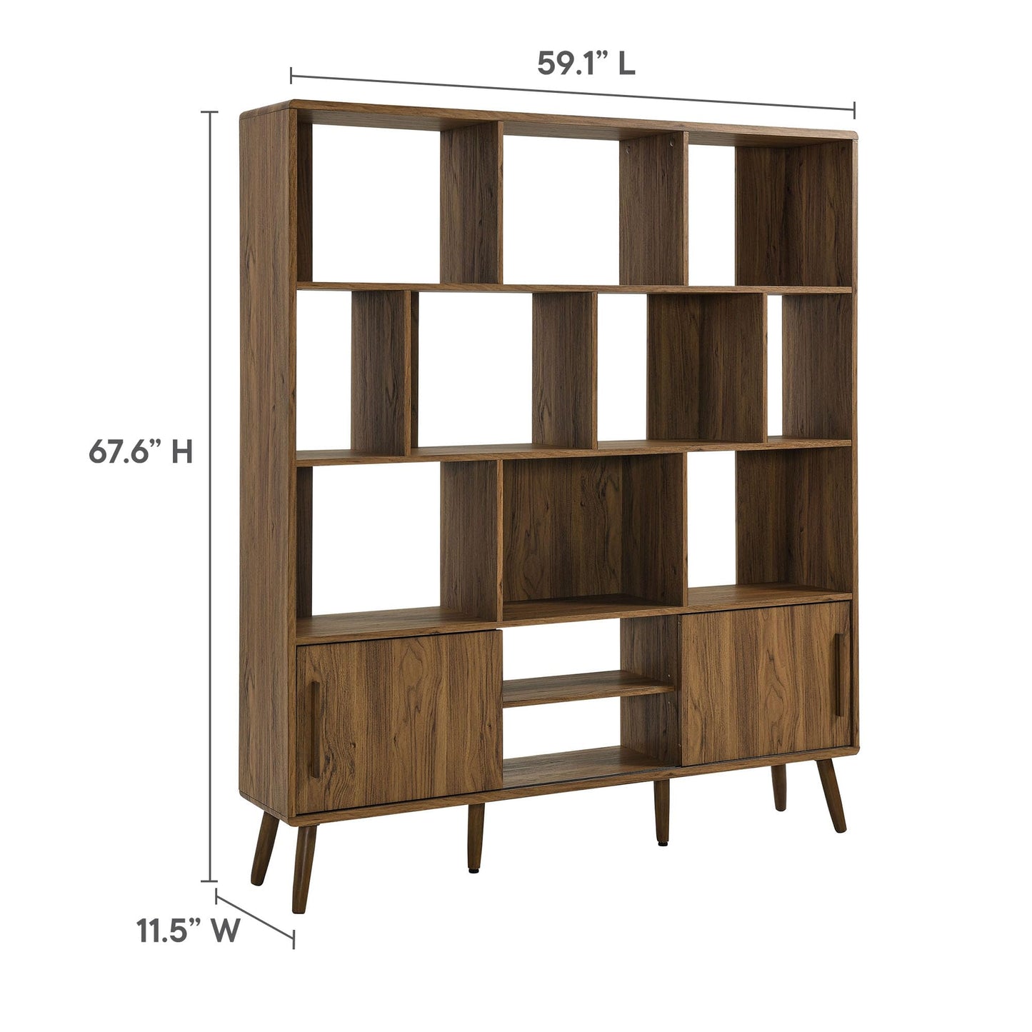 Modway Transmit 14 Shelf Bookcase with Sliding Doors in Walnut - 59 Inch Wood Mid-Century Modern Bookshelf - 4 Tier Wide Open Display Storage Cabinet for Living Room, Office, Hallway