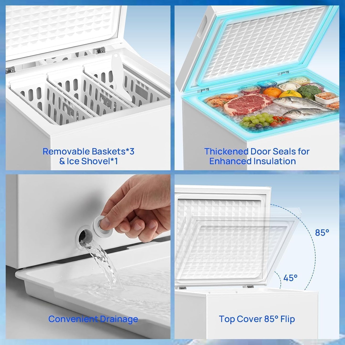 5.0 Cu Ft Chest Freezer with 3 Removable Baskets, Free-Standing Top Open Deep Freezer with 7 Adjustable Thermostat, Quiet Energy Saving Compact Freezer for Home/Apartment/Office/Garage/Dorm, White