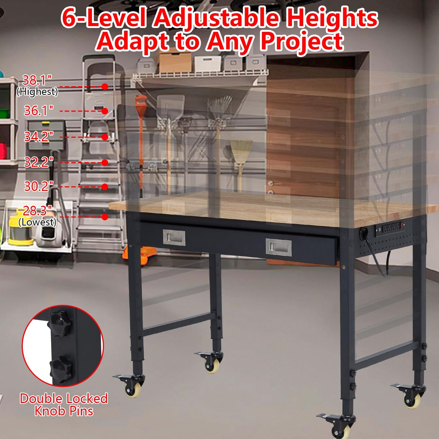 ACONEE 48" Adjustable Workbench, Heavy Duty Workstation 2000 LB Load Capacity, Rubber Wood Top Workstation with Drawer & 4 Rolling Casters, Power Outlets, Metal Frame, Workbench for Workshop Garage