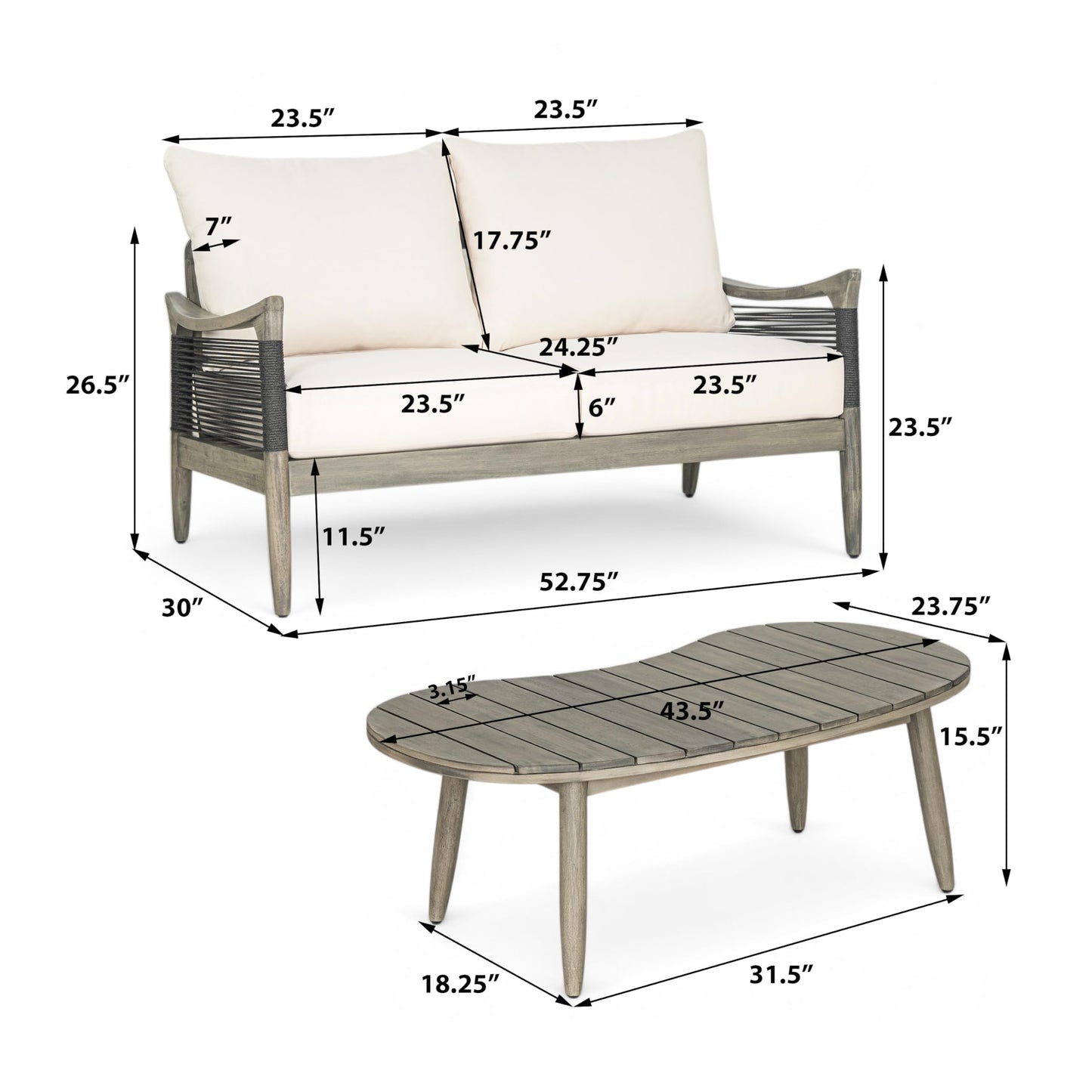 Christopher Knight Home Havets 2 Piece Patio Conversation Sets, Outdoor Acacia Wood Patio Seating Group,Woven Rope Loveseat with Cushions and Coffee Table for Porch Garden Backyard Balcony, Gray+Beige