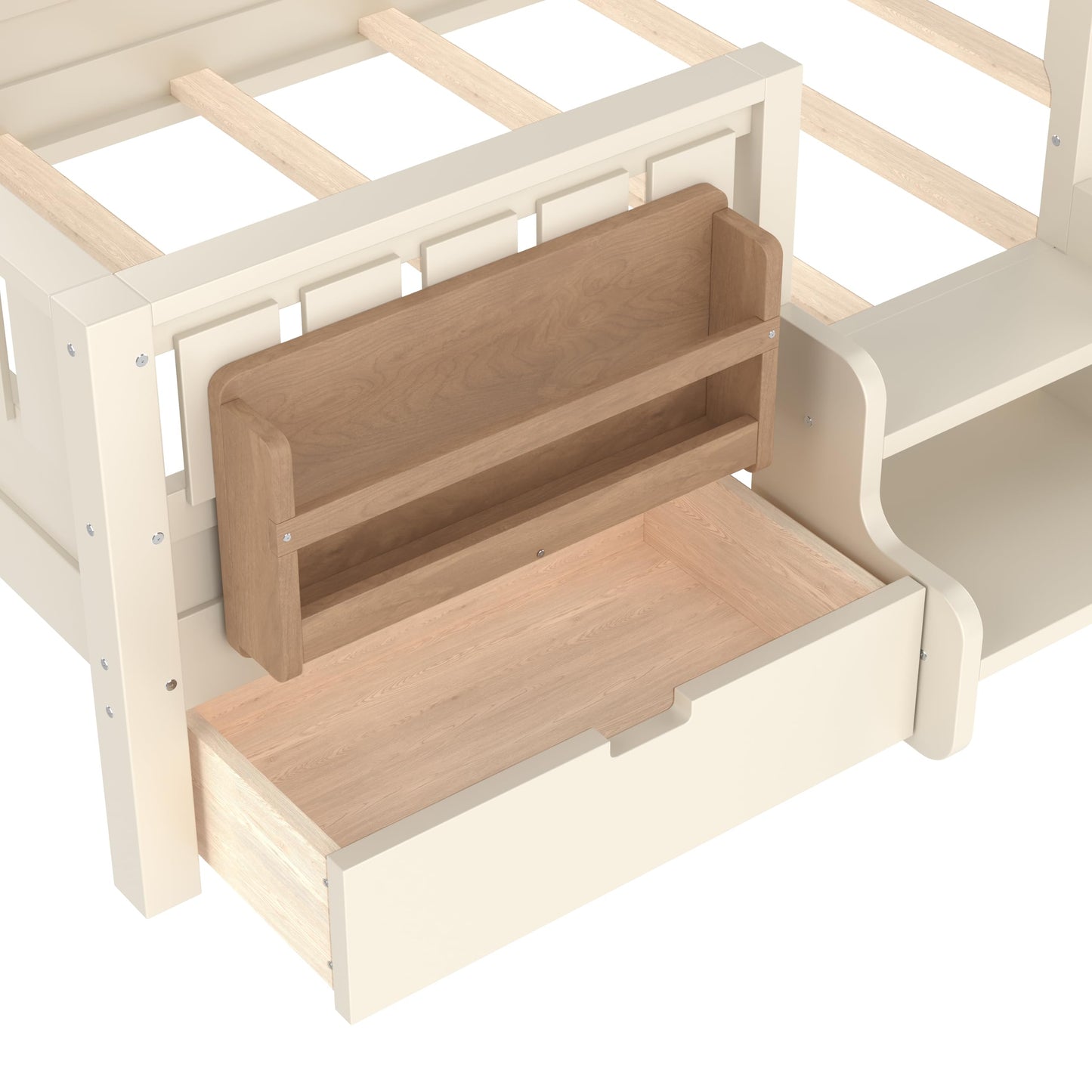 Bellemave Twin Bed with Slats and Stairs, Twin Size Platform Bed Frame with Fence, Bookshelf and Storage Drawers, Easy Assemble Beds for Kids, Girls, Boys, Beige